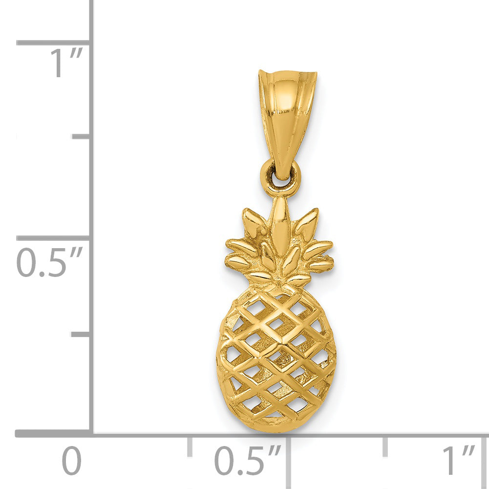 14K Gold Polished 3D Pineapple Pendant with Textured Design
