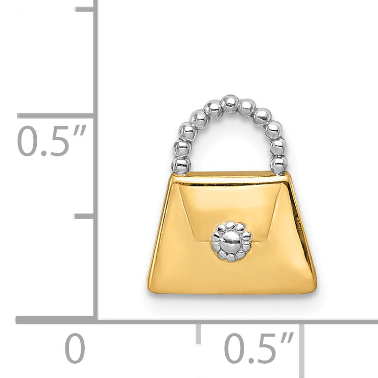 14K Gold Rhodium-Touched Purse Slide Pendant Polished, Textured Elegance