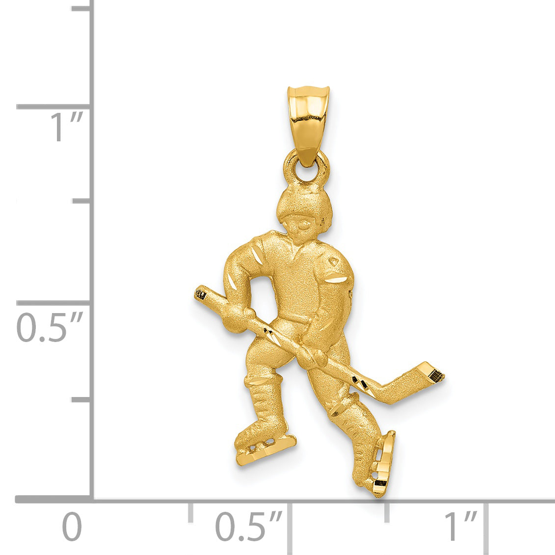 14K Gold Satin Diamond-Cut Hockey Player Pendant Solid Brushed Finish