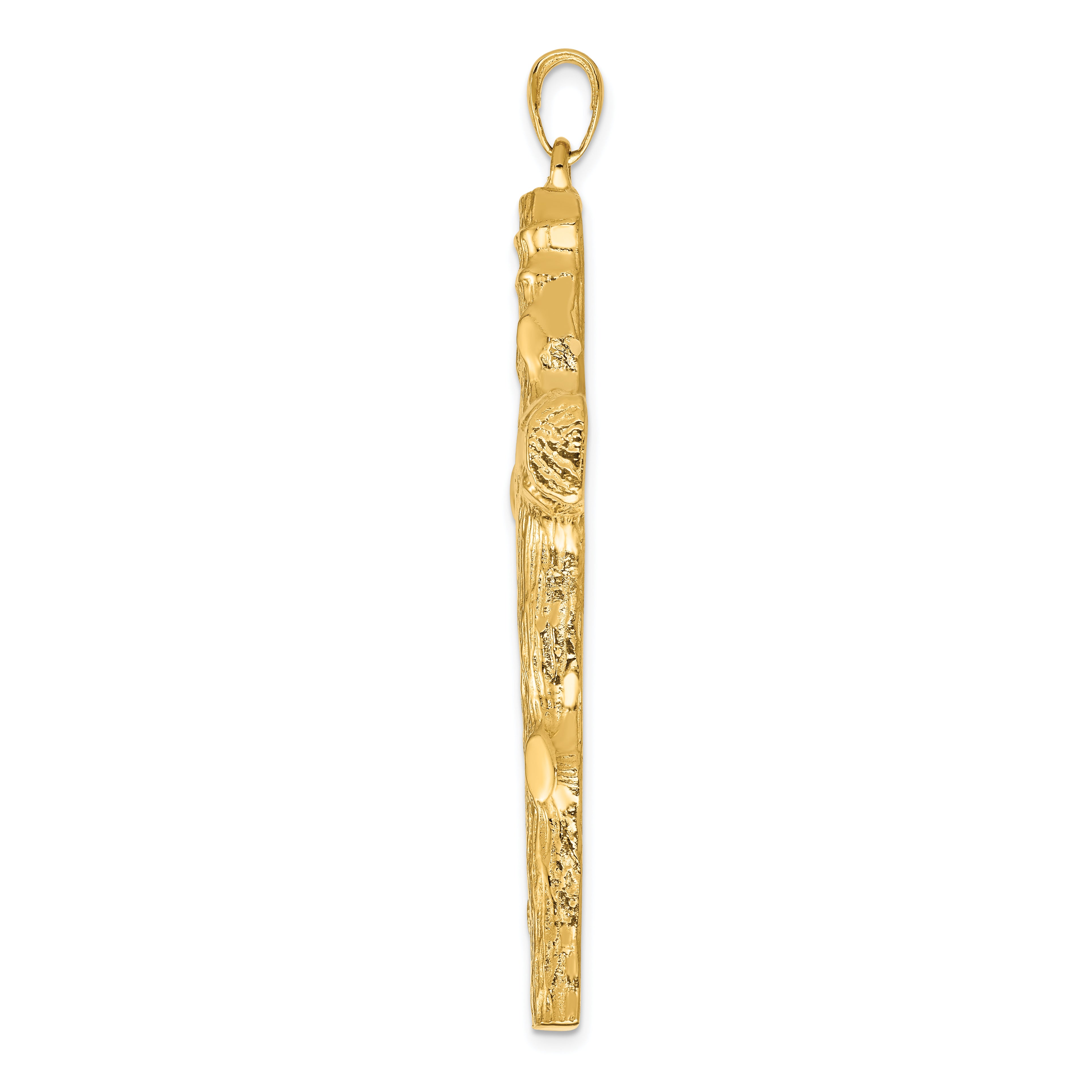 14K Gold Large Tree Textured Cross Pendant with Polished Finish