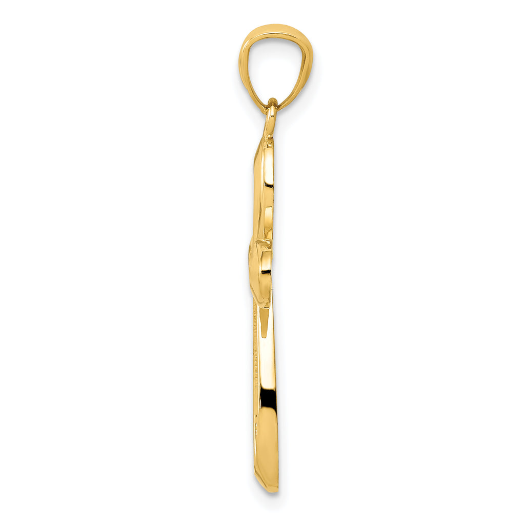 14K Gold Polished Ribbon Cross Pendant with Elegant Open-Back Design