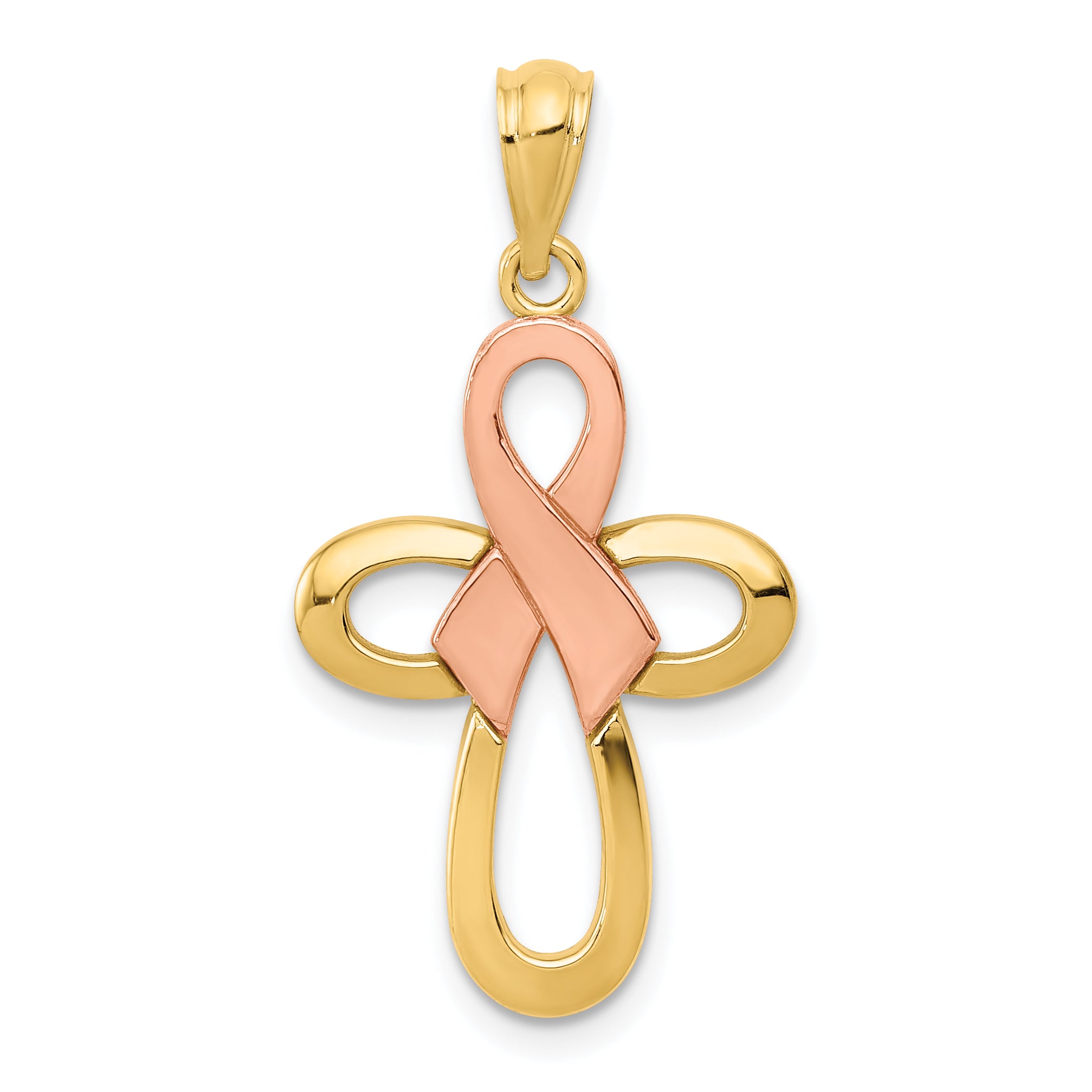 14K Two-tone Polished Pink Ribbon Cross Pendant Main image