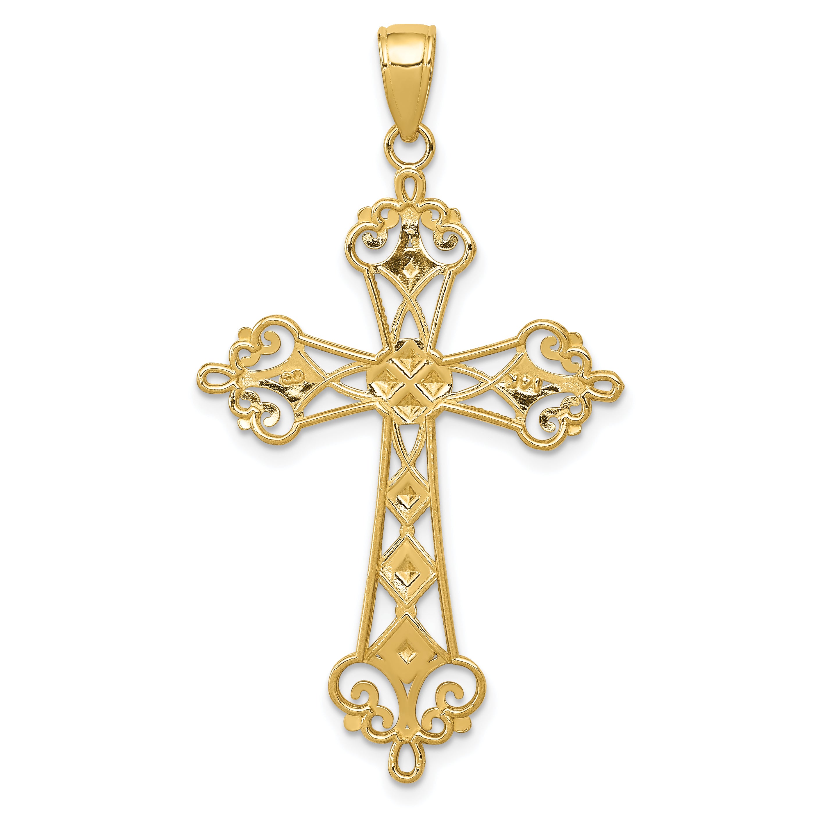 14K w/Rhodium Polished Diamond-Cut Cut-Out Cross Pendant