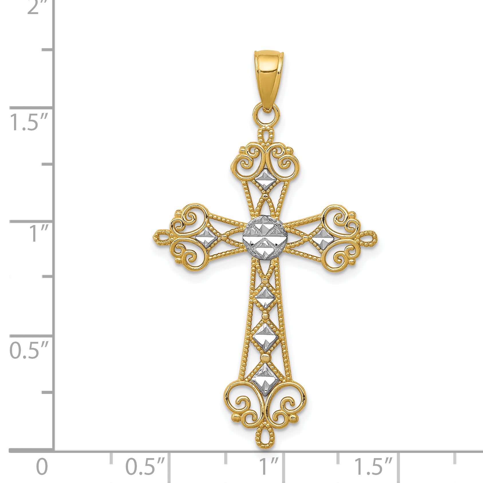 14K w/Rhodium Polished Diamond-Cut Cut-Out Cross Pendant