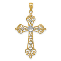 14K w/Rhodium Polished Diamond-Cut Cut-Out Cross Pendant