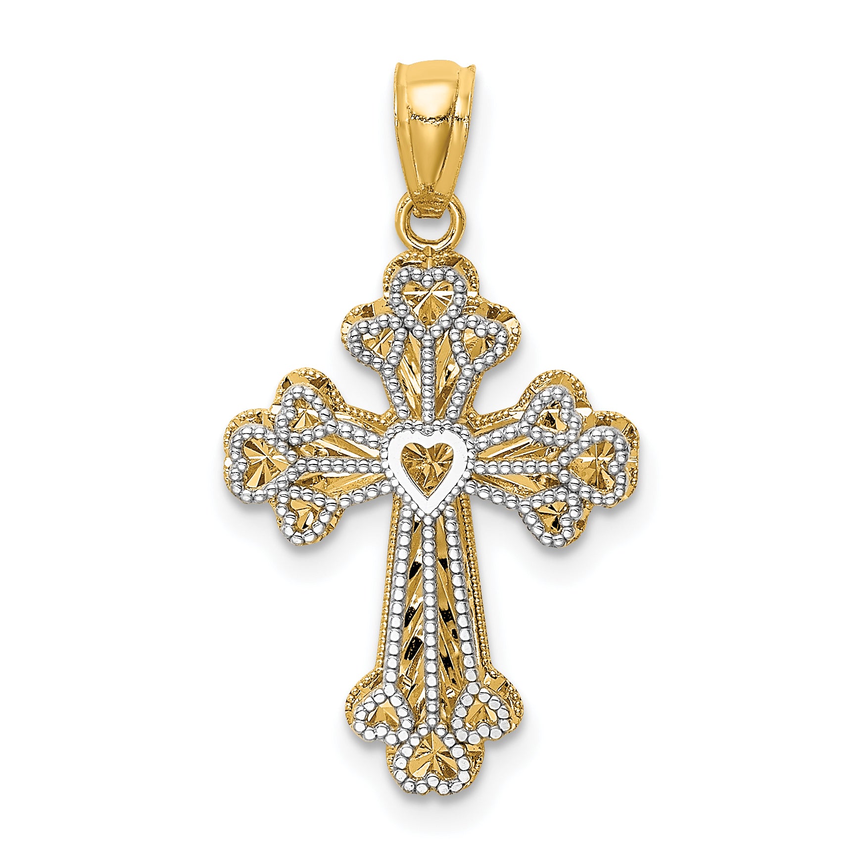 14K Two-tone Polished Filigree 2 Level Heart Cross Pendant Main image