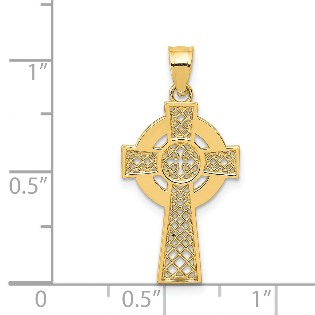 14K Gold Celtic Cross Pendant with Polished Finish and Textured Detail