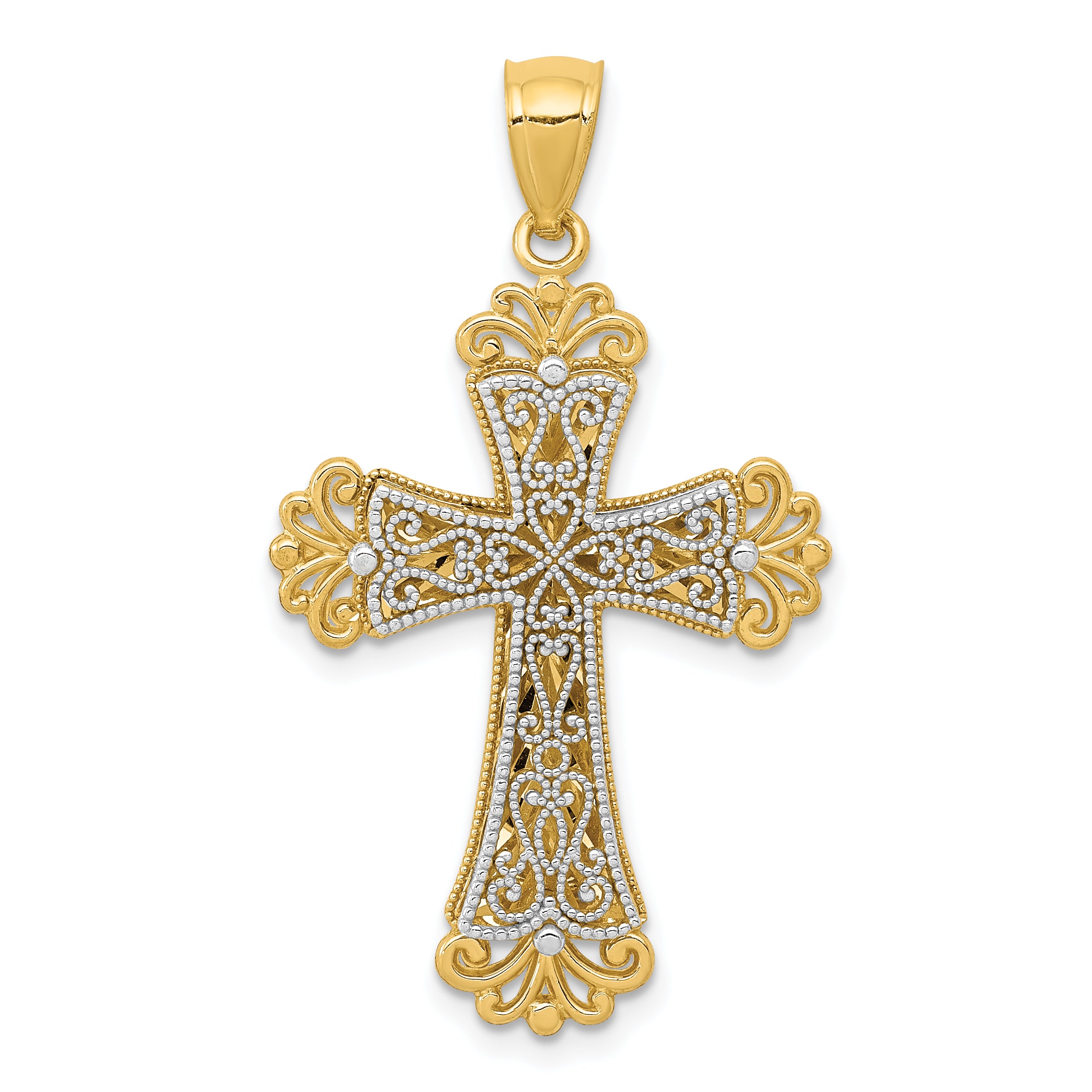 14K Two-tone Polished 2 Level Budded Cross Pendant