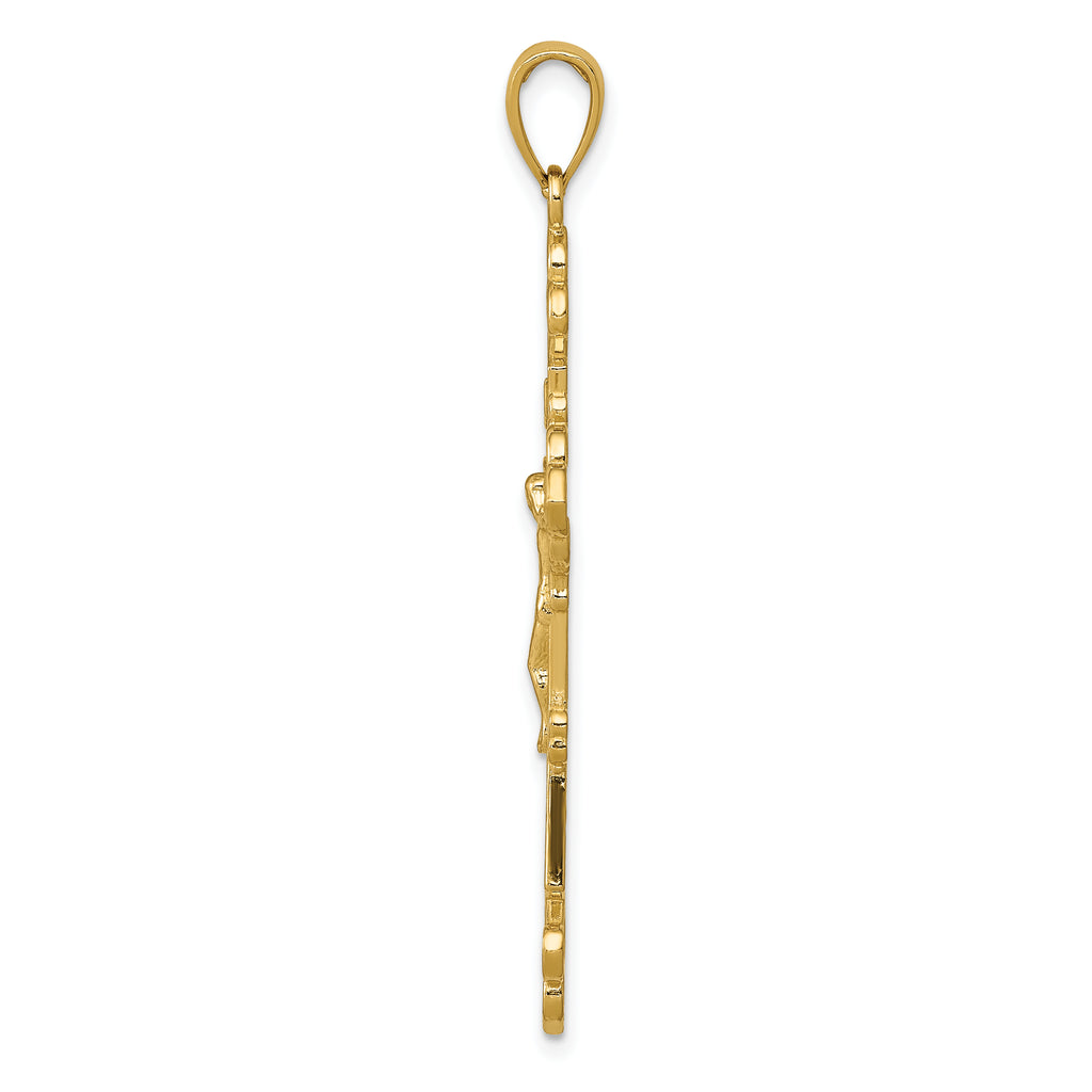 14K Gold INRI Crucifix Fleur de Lis Pendant with Polished Textured Finish 45mm
