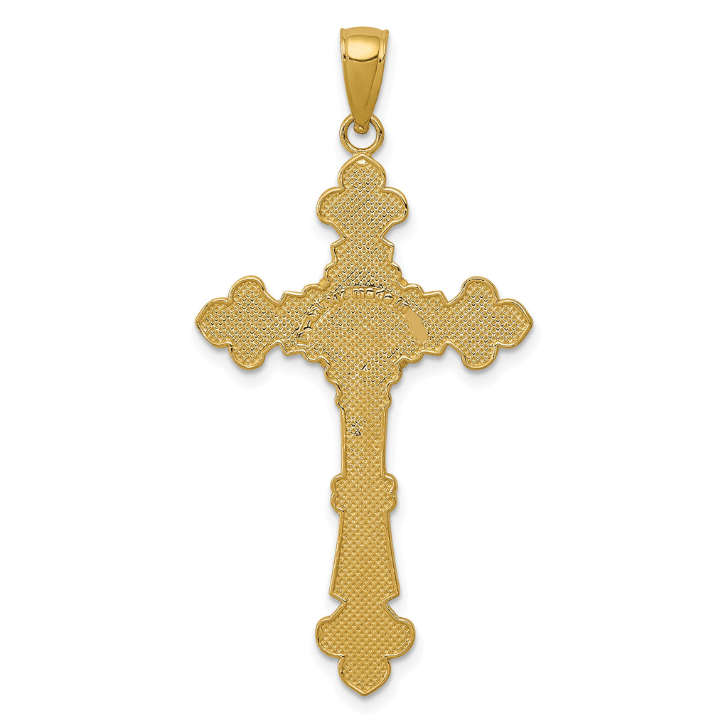 14K Gold INRI Crucifix Fleur de Lis Pendant with Polished Textured Finish 45mm