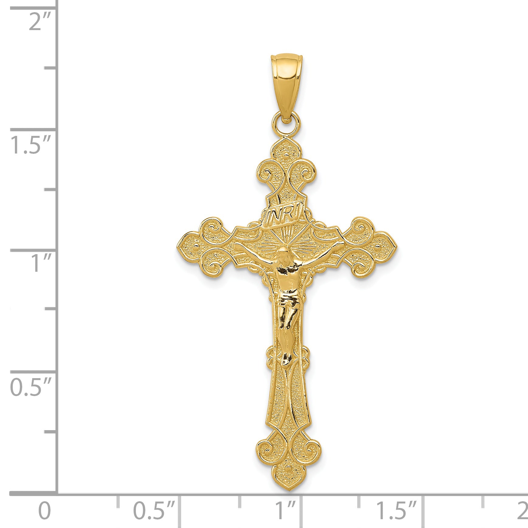 14K Gold INRI Crucifix Fleur de Lis Pendant with Polished Textured Finish 45mm