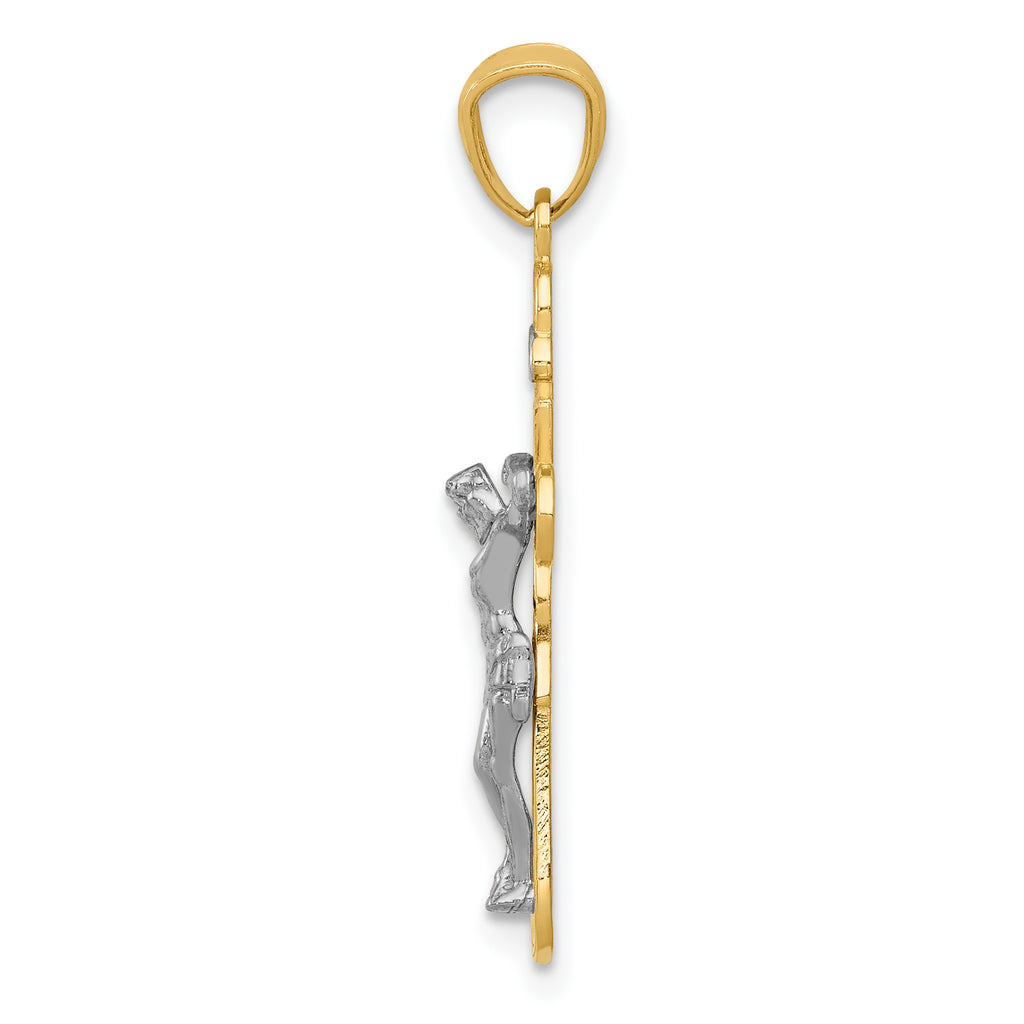 14K Two-Tone Gold Crucifix Pendant with Rhodium Accent, Solid and Elegant Design
