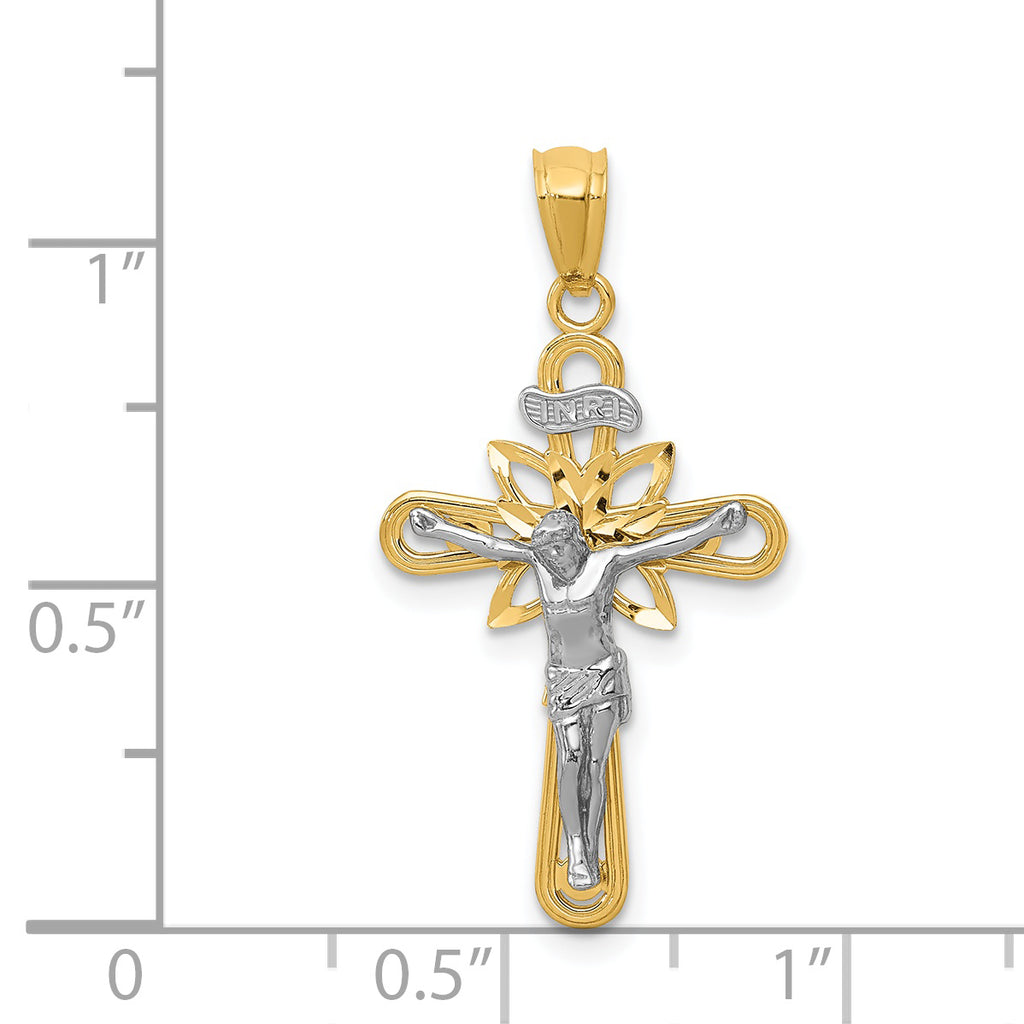 14K Two-Tone Gold Crucifix Pendant with Rhodium Accent, Solid and Elegant Design