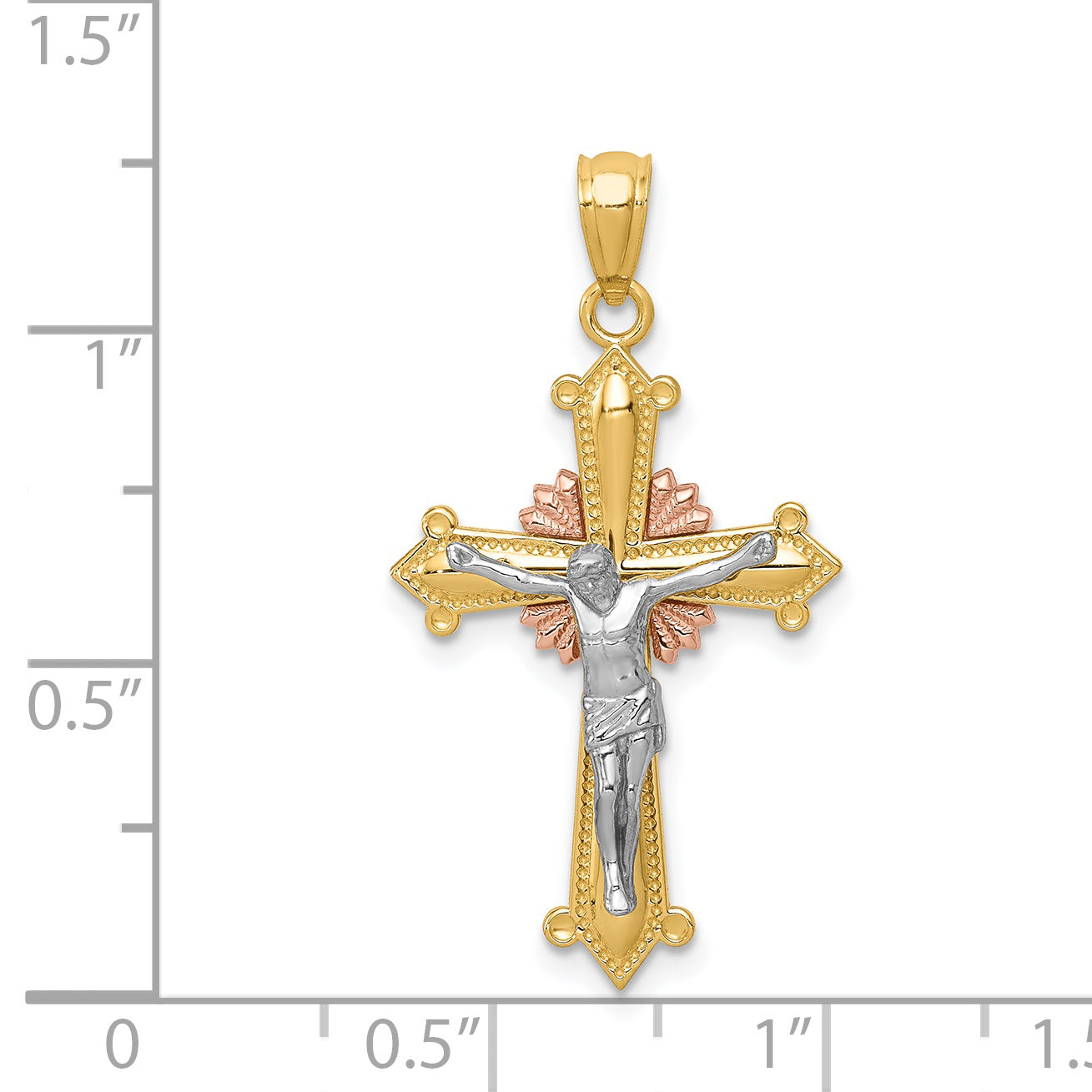14K Tri-Color Gold Crucifix Pendant with Polished Finish Solid Cast Design