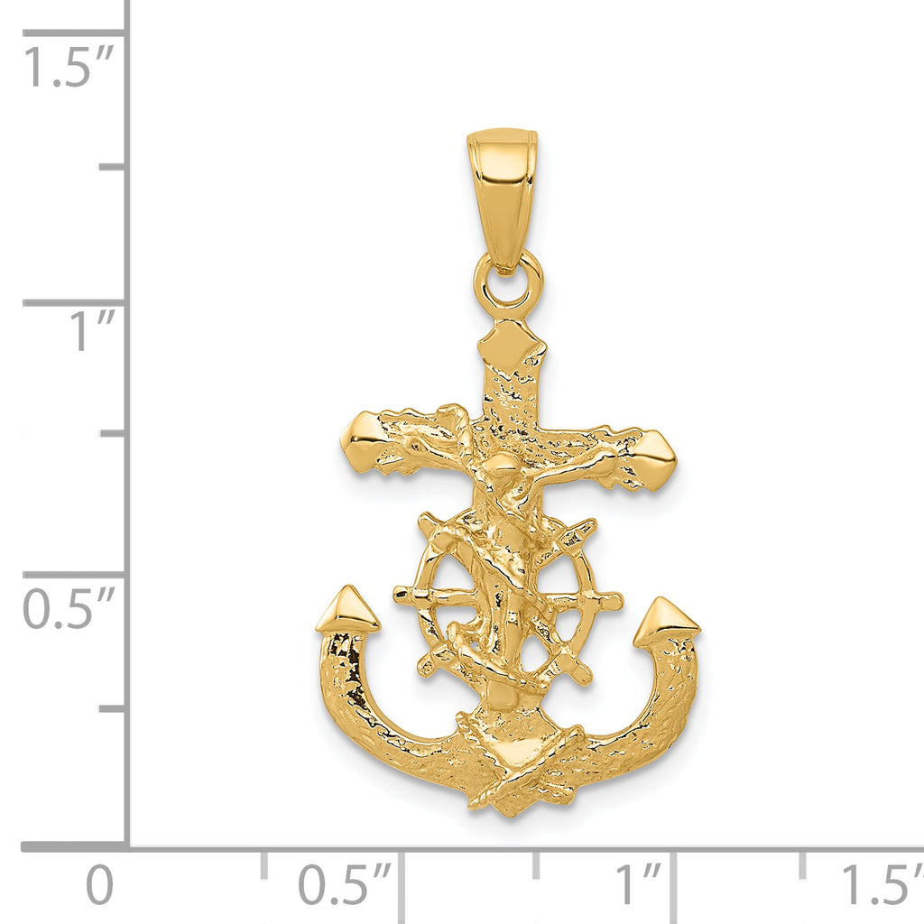 14K Gold Mariners Crucifix Pendant with Polished Textured Rope Wheel Design