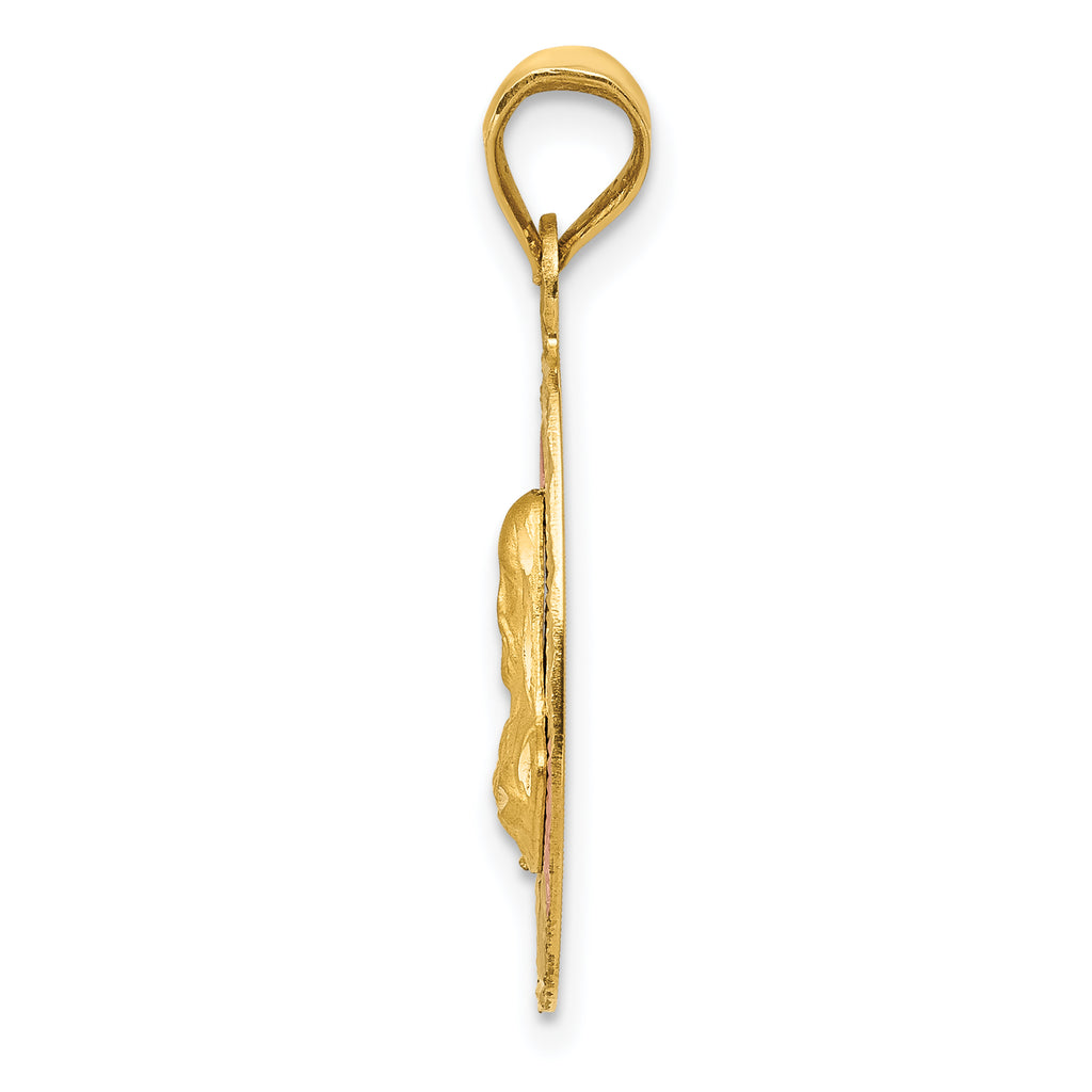 14K Gold Two-Tone Sagrado Corazon Oval Pendant with Rose and White Rhodium Detailing