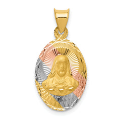 14K w/Rose and White Rhodium D/C Sagrado Corazon Oval Pendant