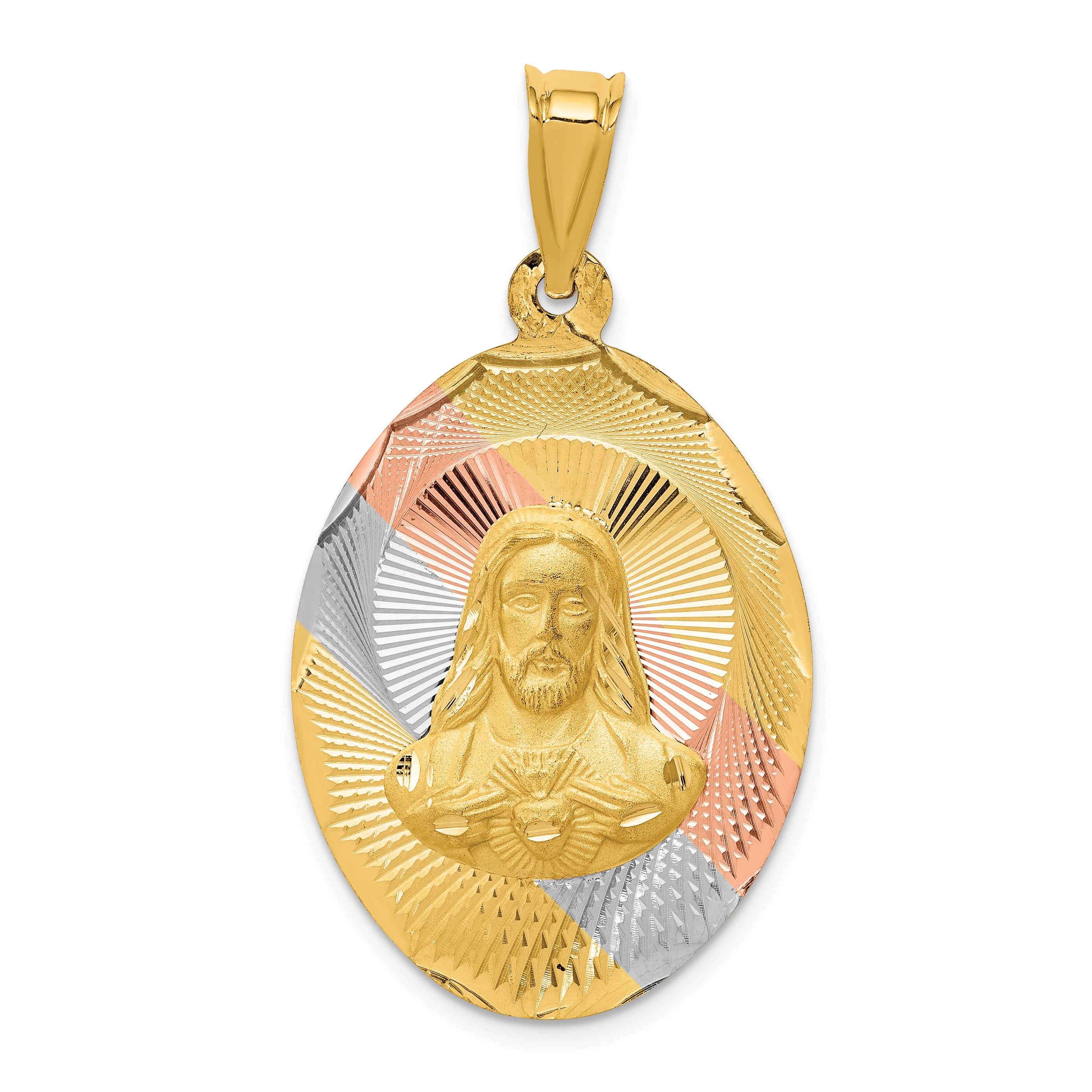 14K w/Rose and White Rhodium D/C Sagrado Corazon Oval Pendant