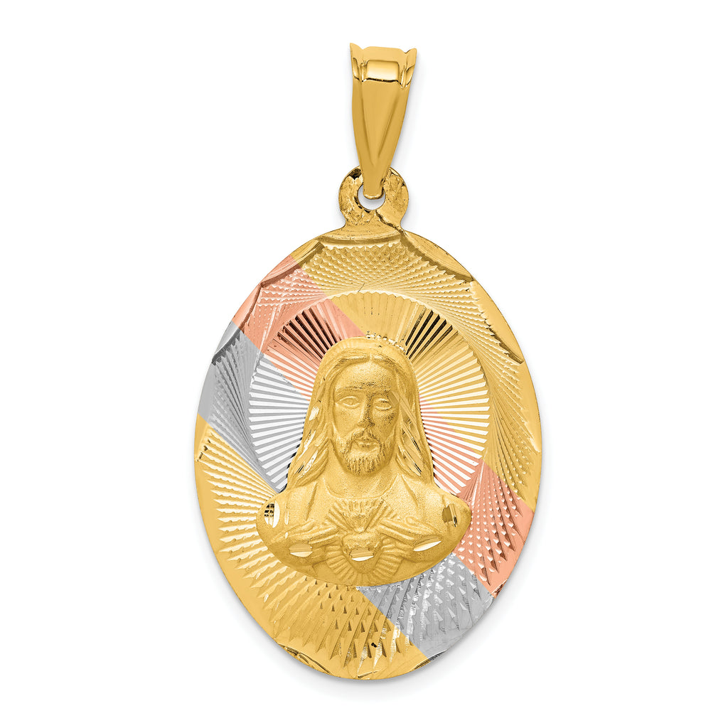 14K w/Rose and White Rhodium D/C Sagrado Corazon Oval Pendant