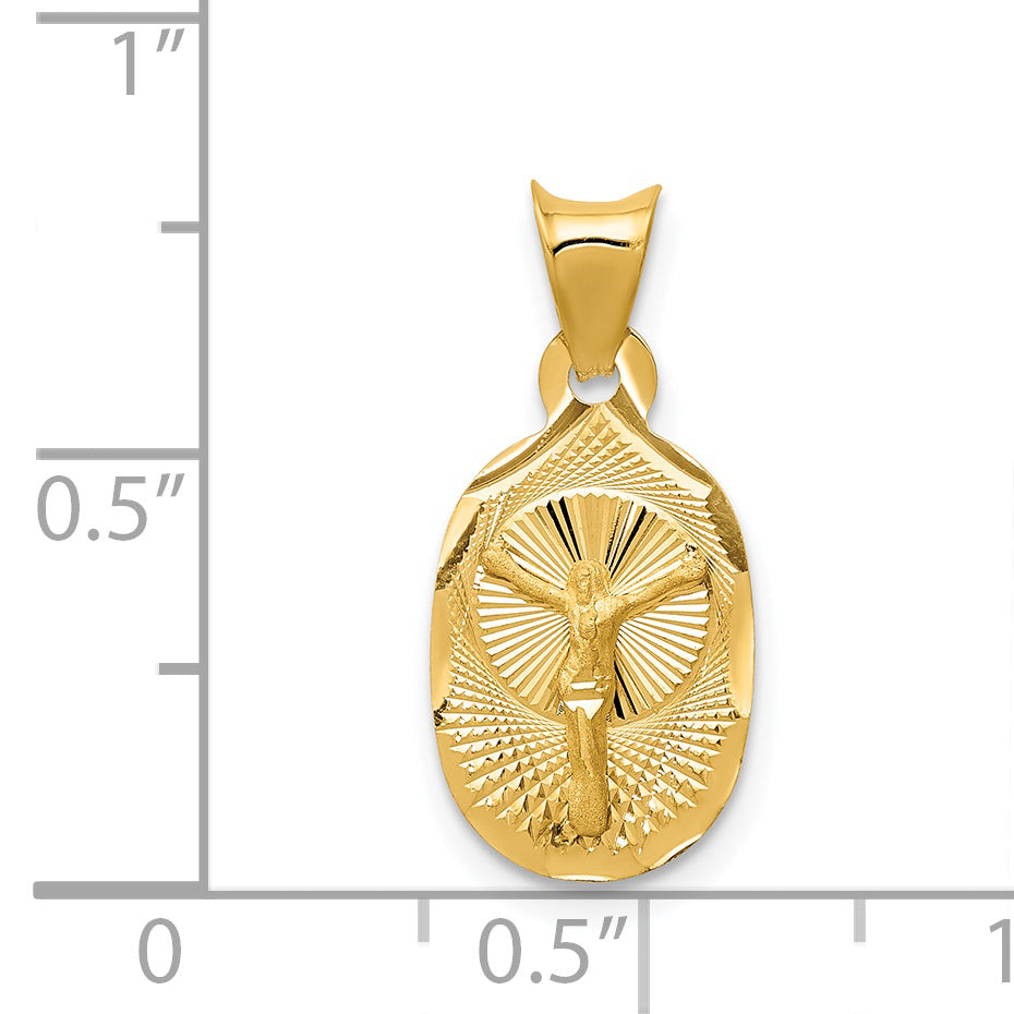 14K Gold Polished Oval Pendant with Detailed Corpus  Elegant & Timeless