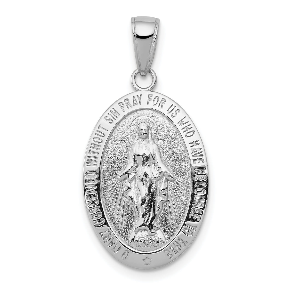 14K White Gold Polished & Textured Large Miraculous Medal Pendant