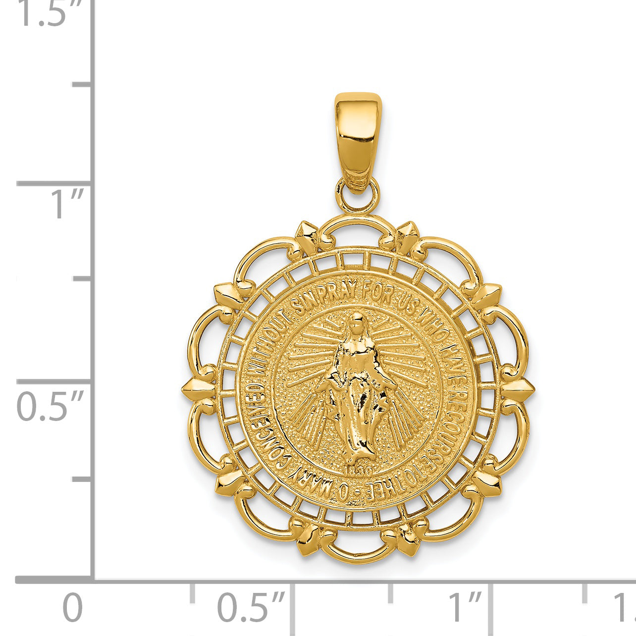 14K Polished Miraculous Medal With Scallop Frame Pendant