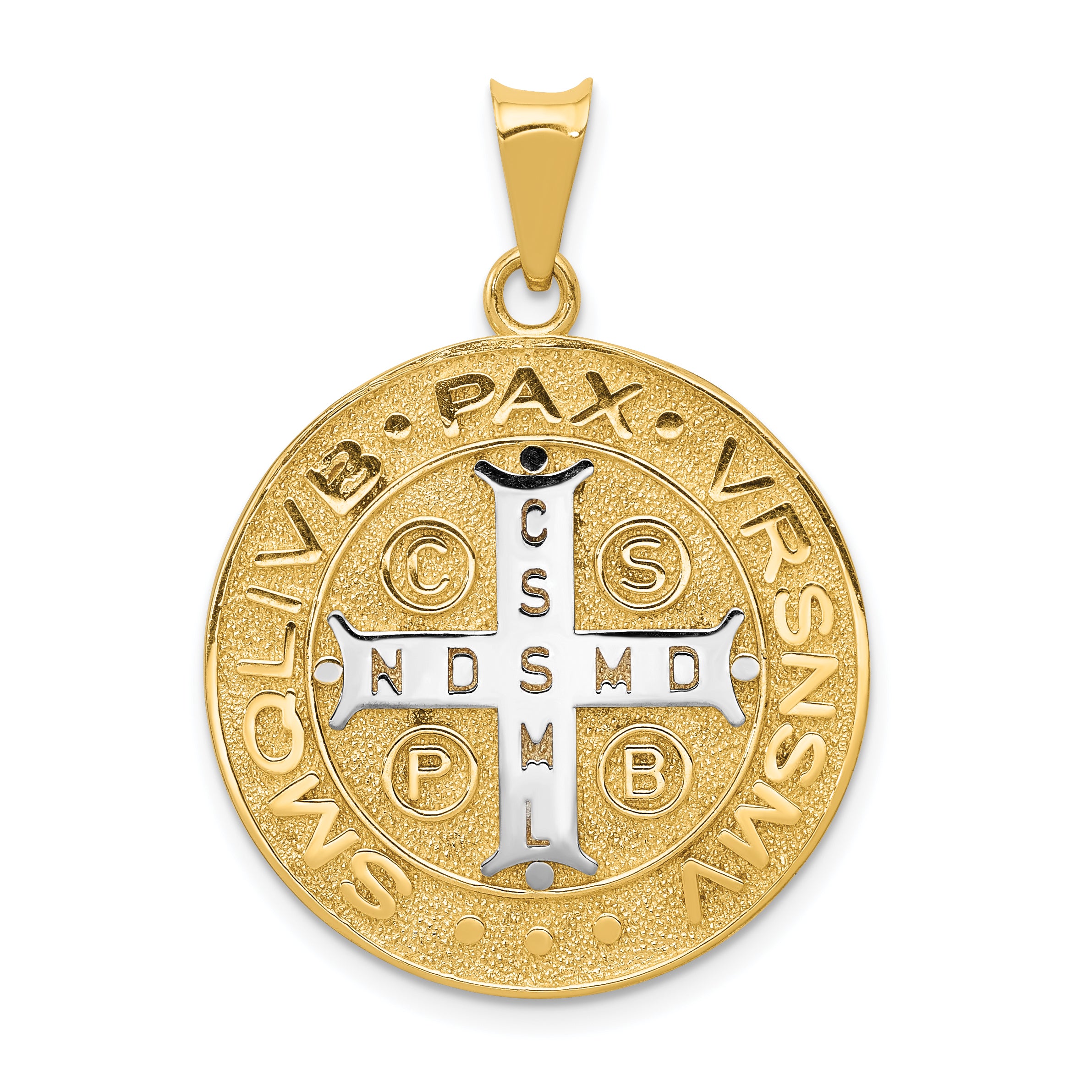 14K Gold & Rhodium St. Benedict Medal Pendant  Polished, Reversible Design