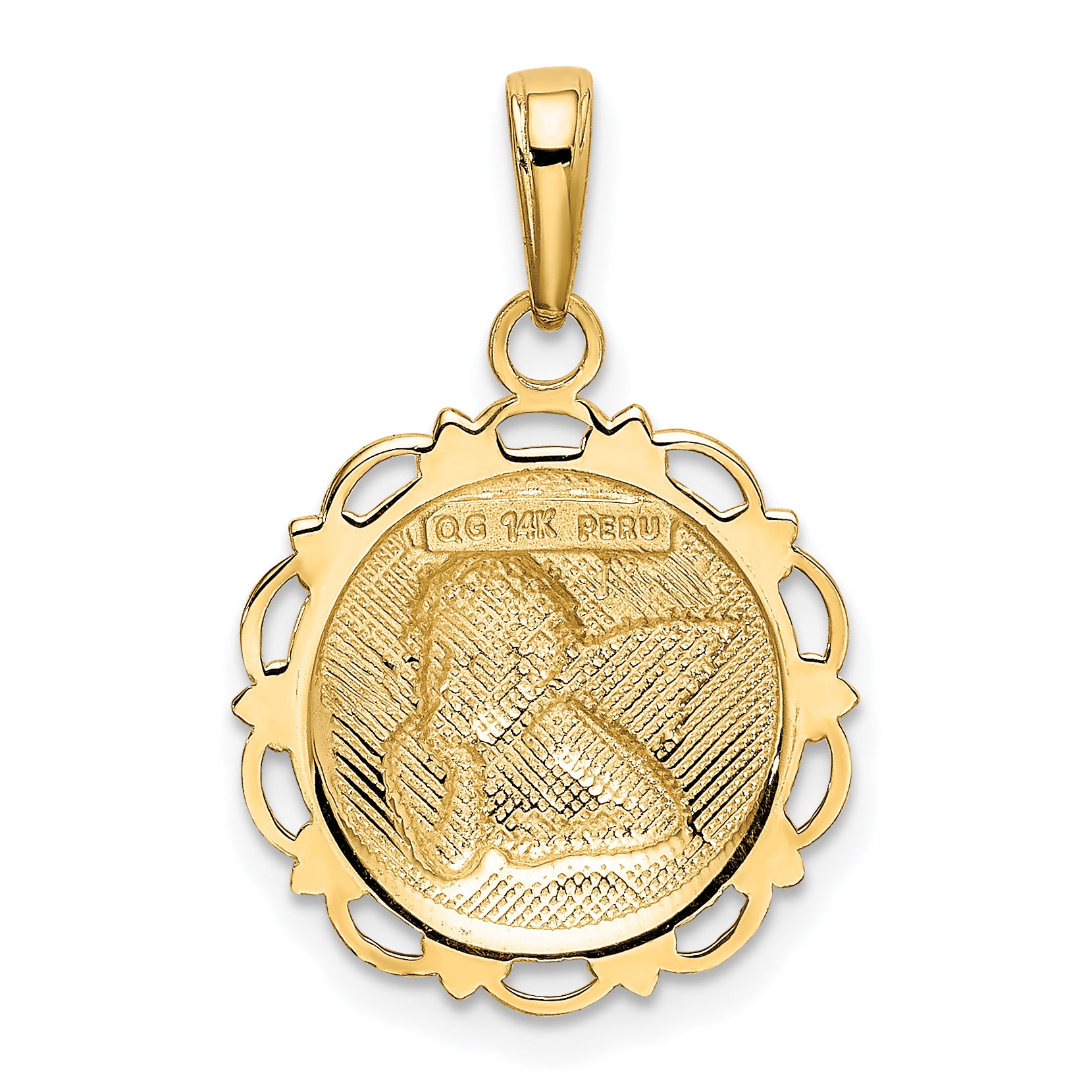 14K Gold Polished Angel Pendant on Scallop Frame  Elegant Casted Design