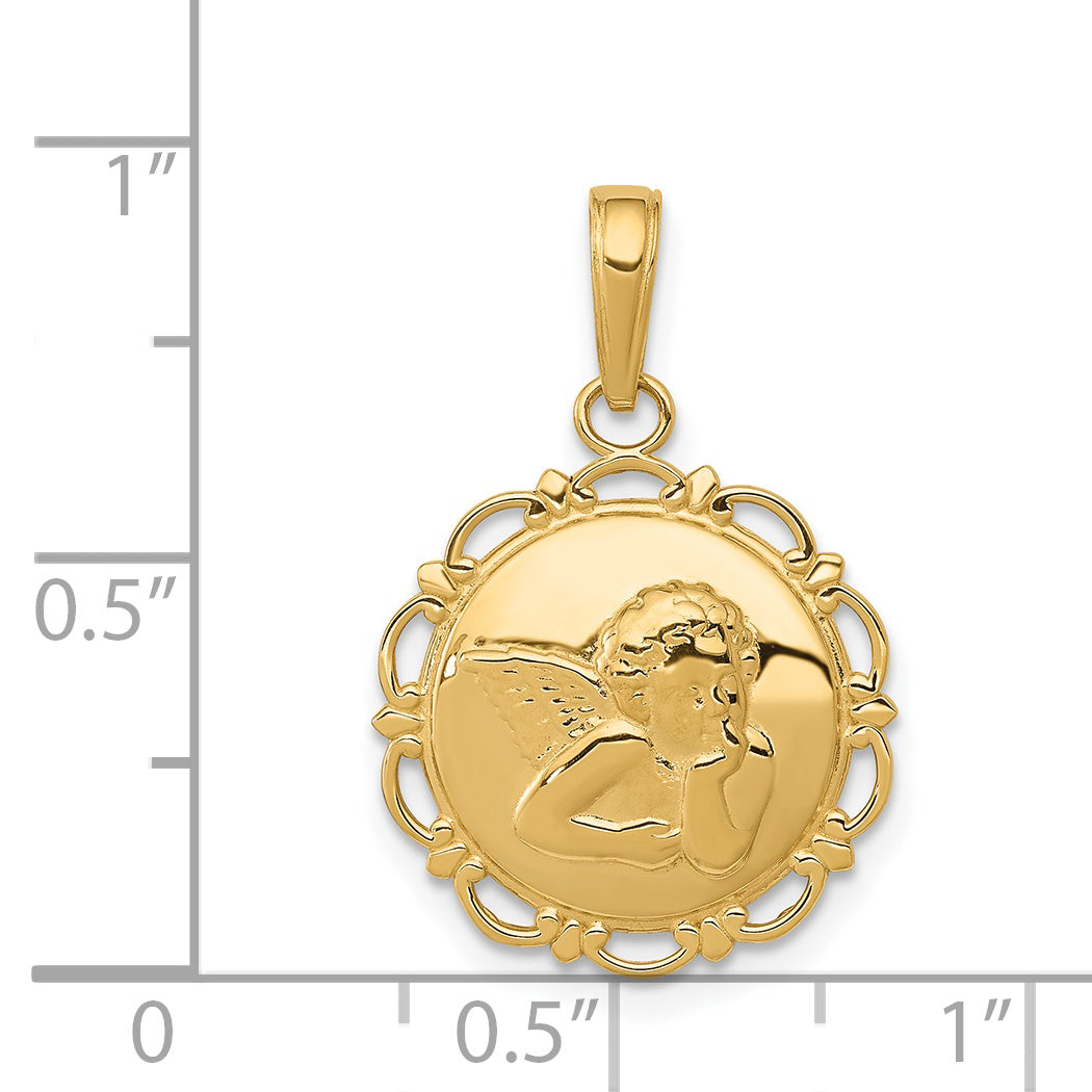 14K Gold Polished Angel Pendant on Scallop Frame  Elegant Casted Design