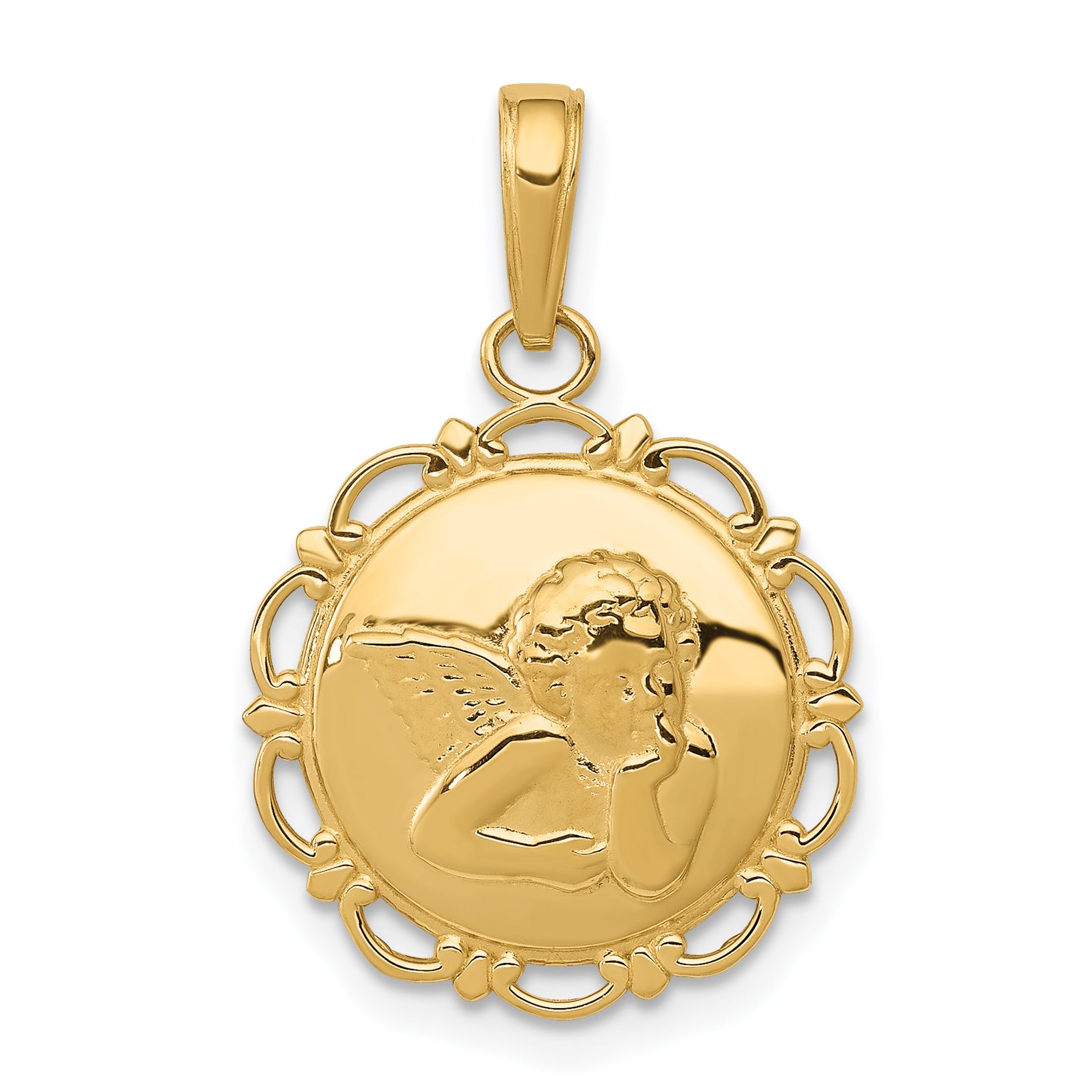 14K Polished Angel On Round Scallop Frame Pendant Main image