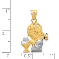 14K Gold and Rhodium Girl's Communion Pendant with Diamond-Cut Detailing