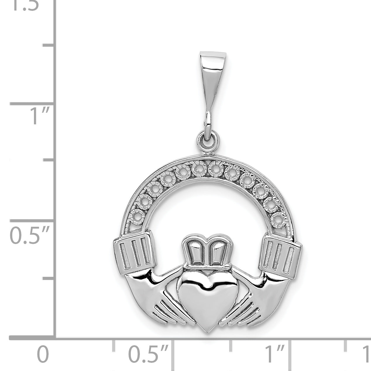14K White Gold Claddagh Pendant with Polished Rhodium Finish 33mm