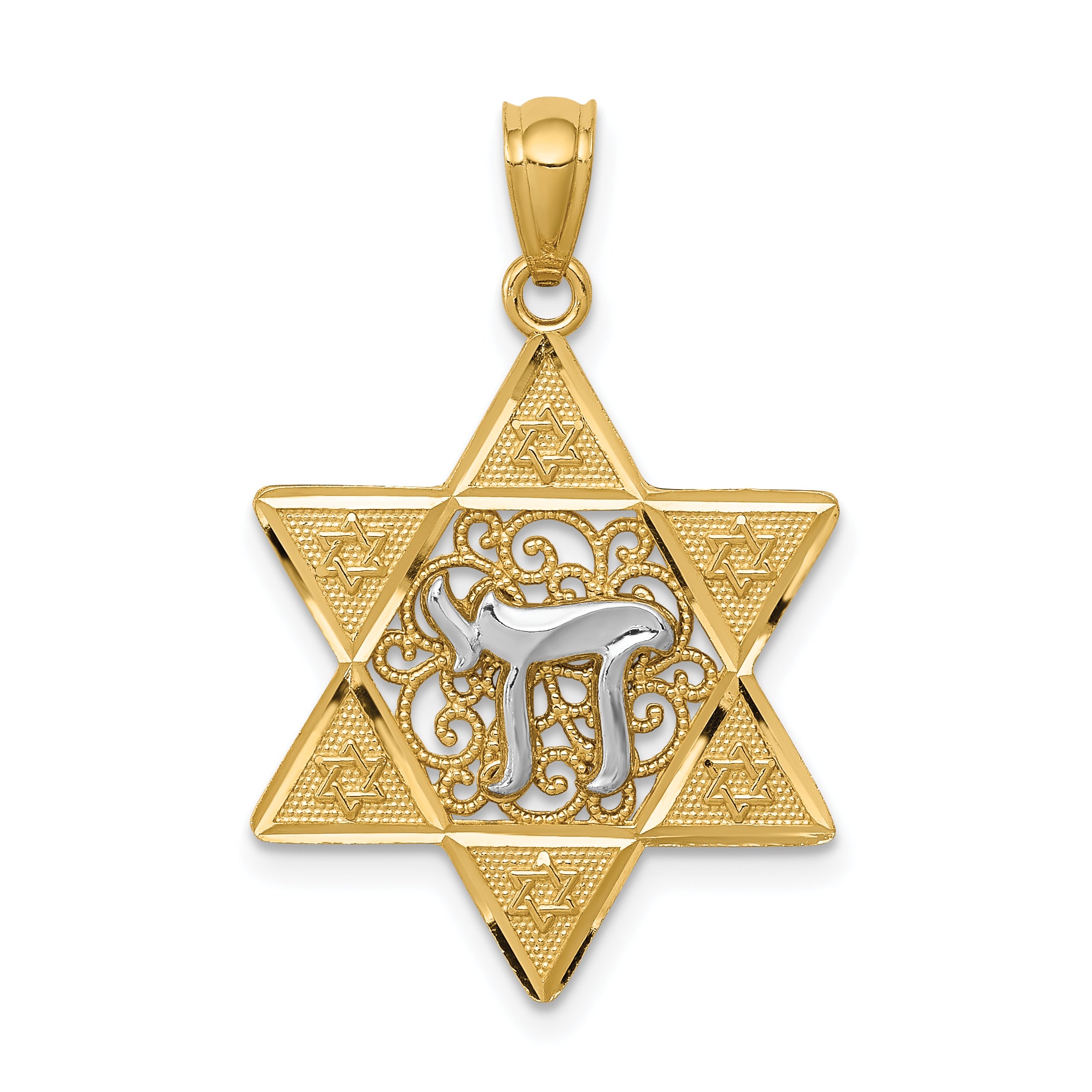 14k Two-tone Gold Polished Star of David w/Chai Pendant