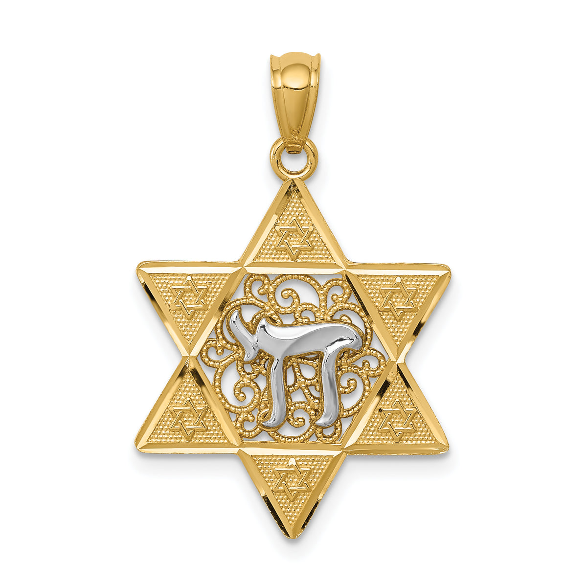 14k Two-tone Gold Polished Star of David w/Chai Pendant