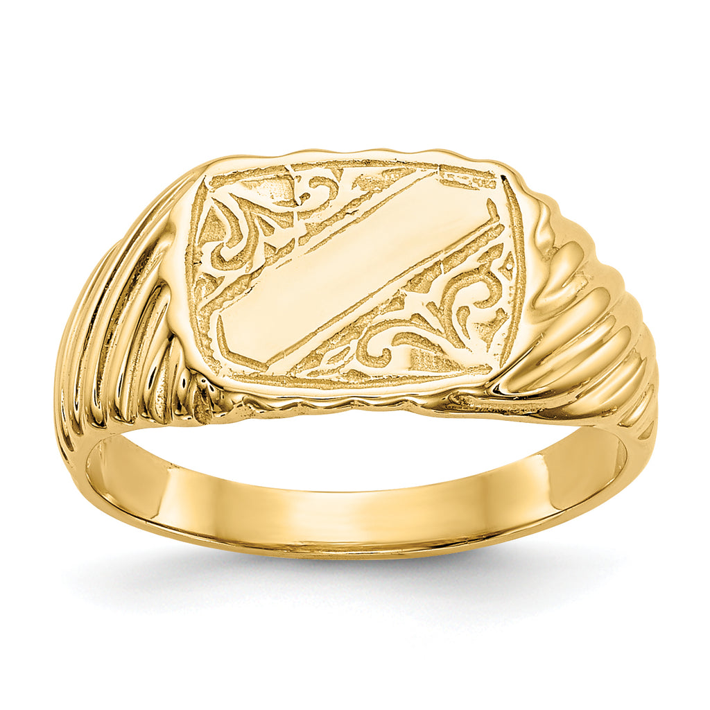 14K Gold Polished Baby Rectangle Signet WithStripes Ring