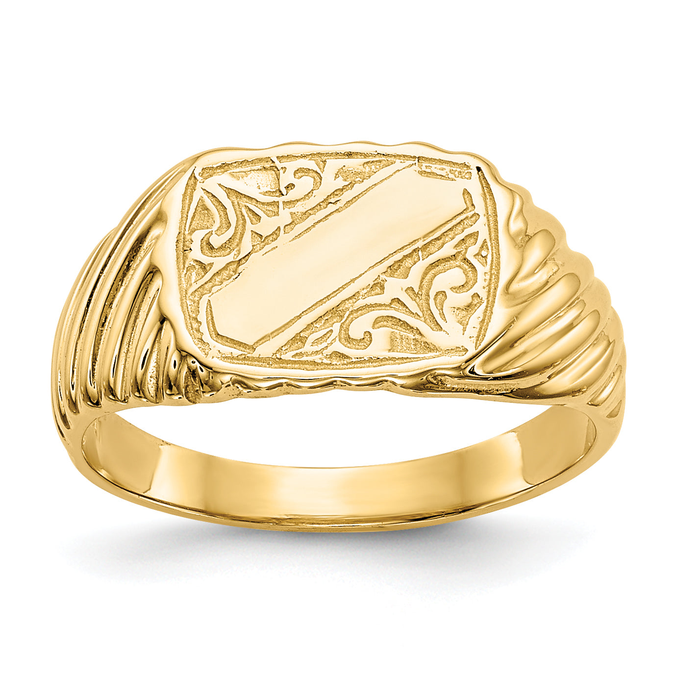 14K Gold Polished Baby Rectangle Signet WithStripes Ring