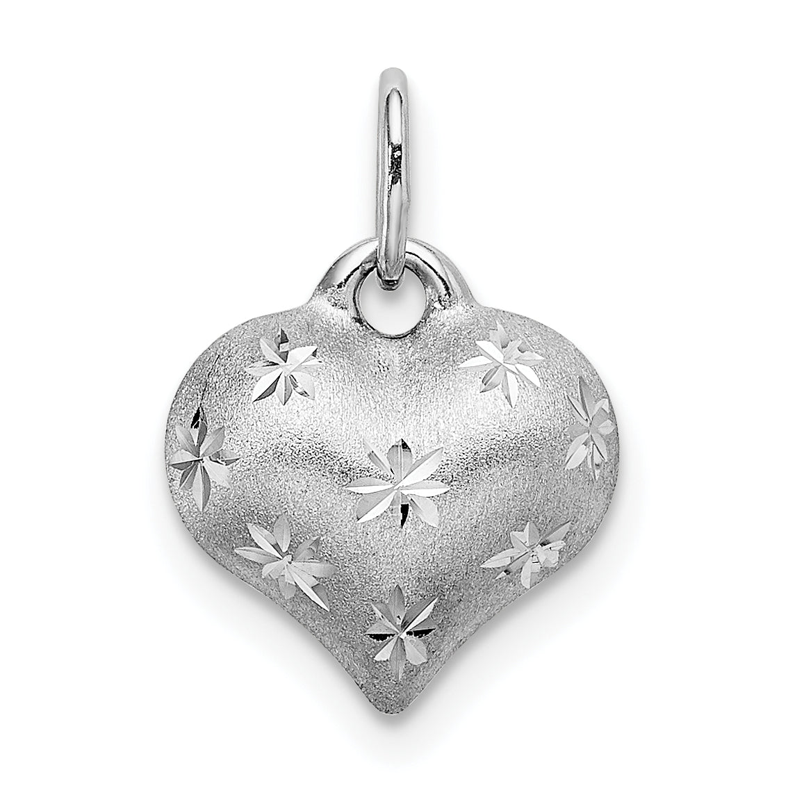 14K White Gold 3D Puffed Heart Pendant with Diamond-Cut Satin Finish