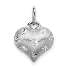 14K White Gold 3D Puffed Heart Pendant with Diamond-Cut Satin Finish