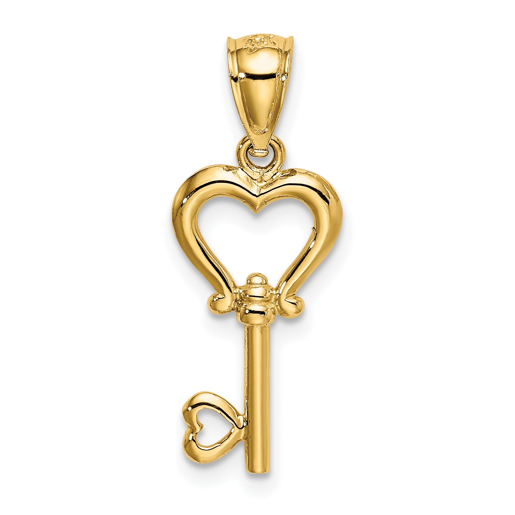 14K Gold Polished 3D Heart Key Pendant  Elegant, Casted, Solid Design