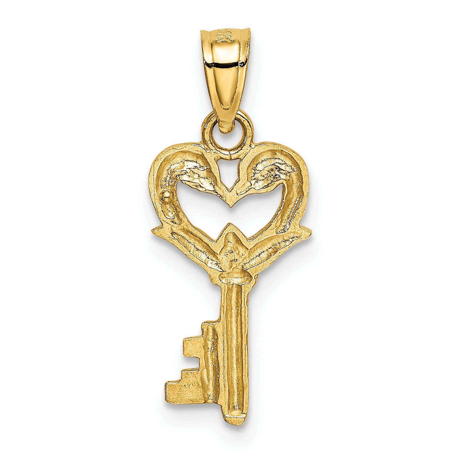 14K Gold Polished Swans Heart Key Charm  Elegant Casted Design