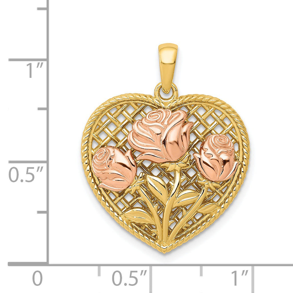14K Two-Tone Gold Heart Pendant with Polished Floral Design