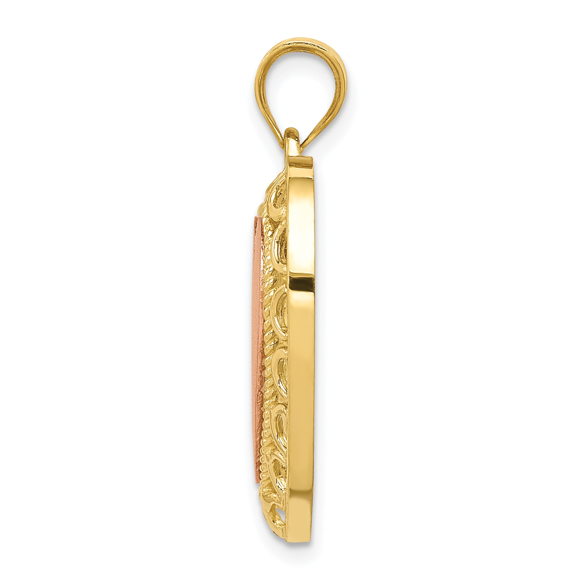 14K Two-Tone Gold Heart Pendant with Polished Lace Trim Elegant Design