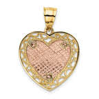14K Two-Tone Gold Heart Pendant with Polished Lace Trim Elegant Design