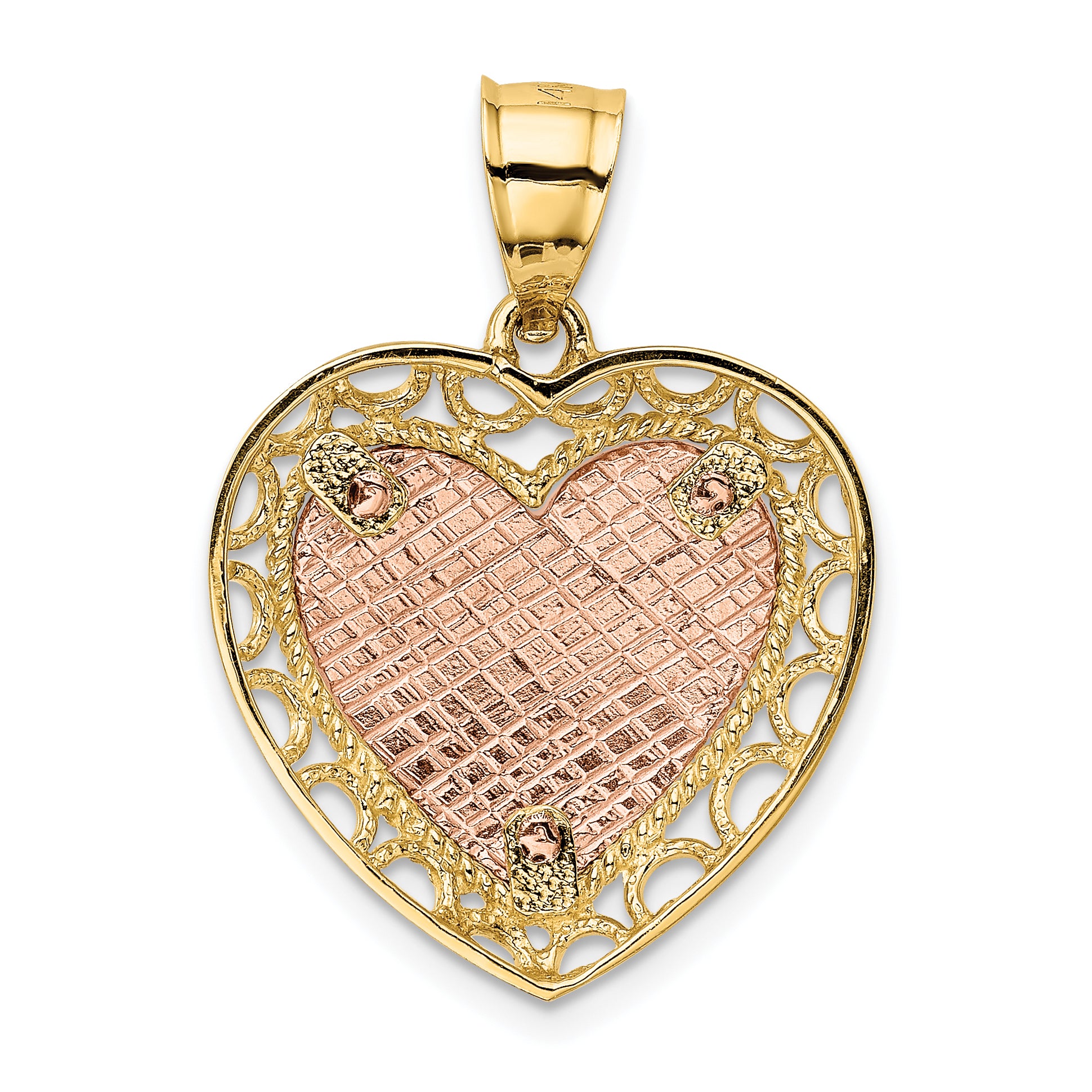 14K Two-Tone Gold Heart Pendant with Polished Lace Trim Elegant Design