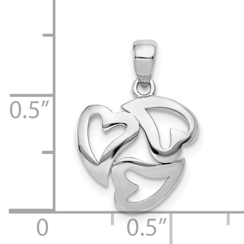 14K White Gold Polished Cut-Out 3-Heart Pendant with Rhodium Detailing