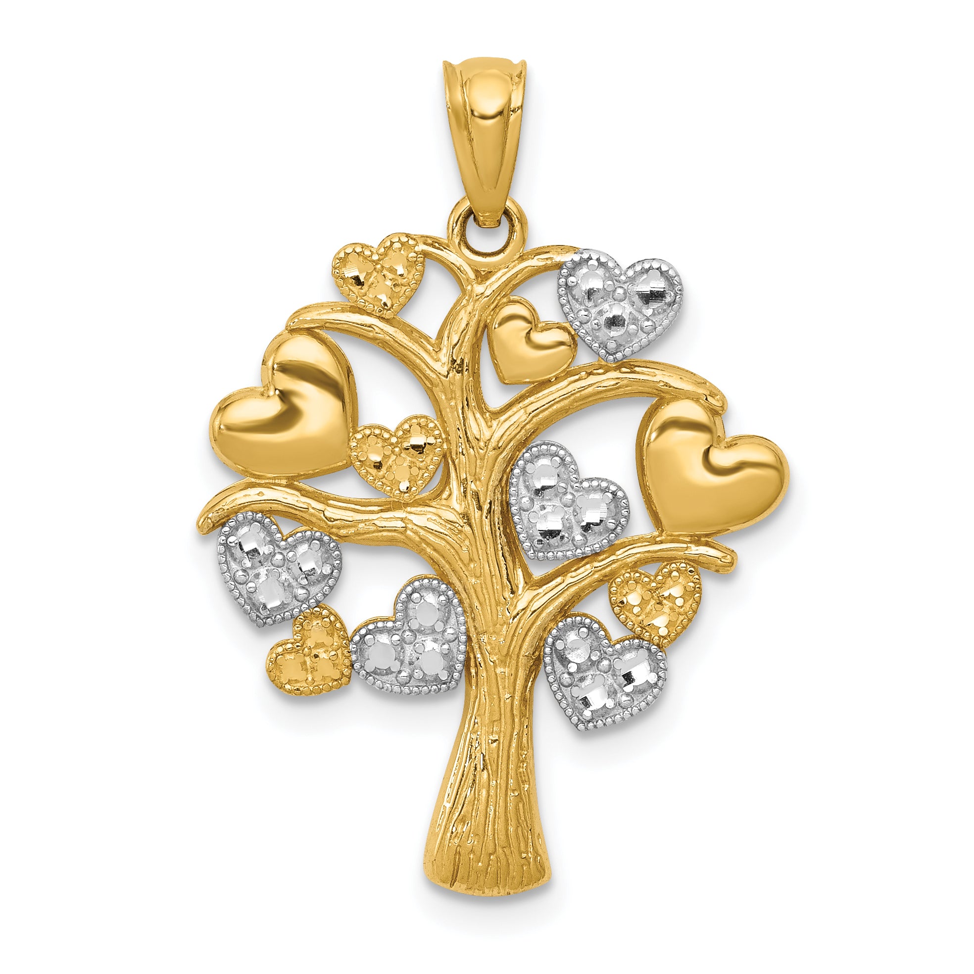 14K and White Rhodium Polished Hearts Tree Pendant Main image