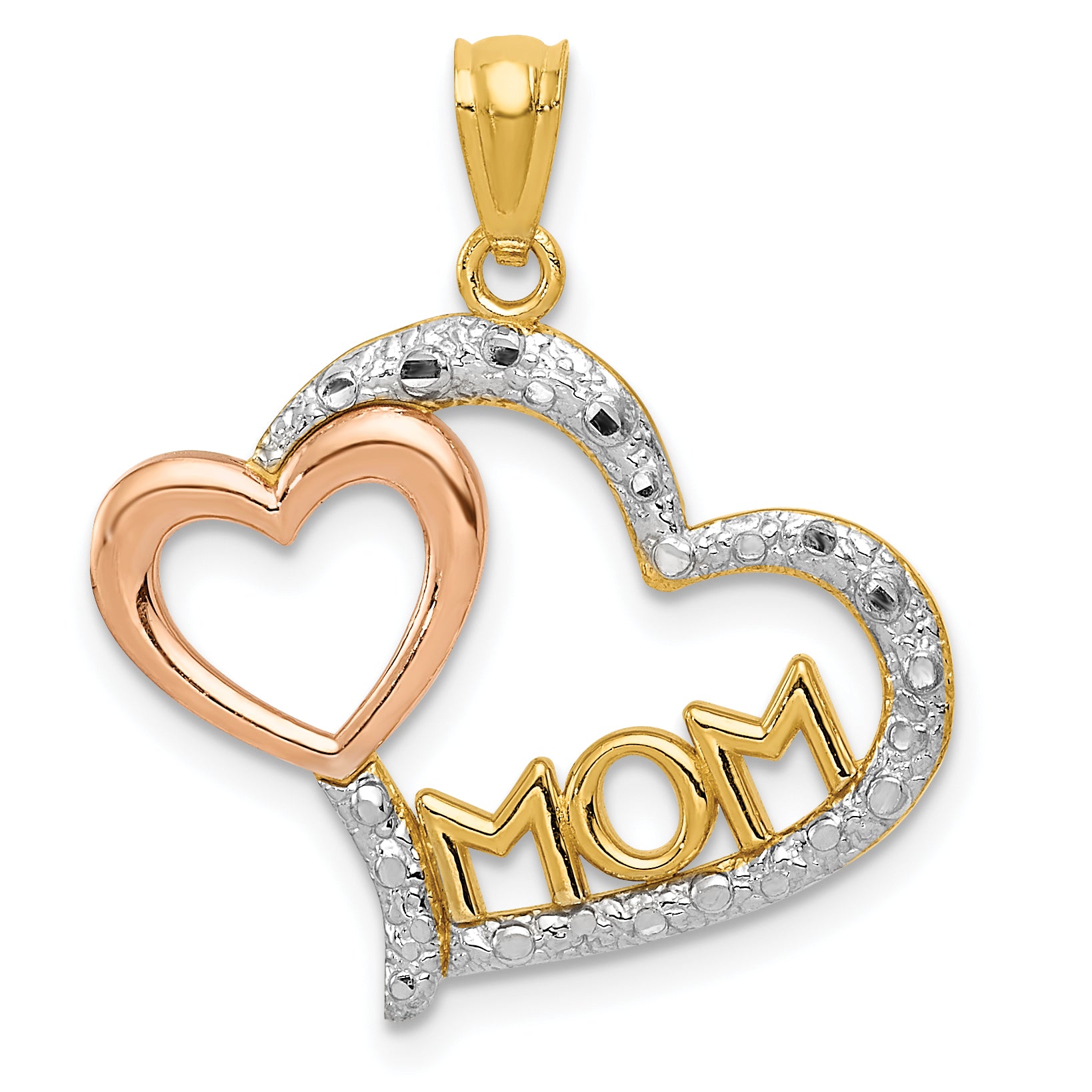 14k Two-tone w/White Rhodium Diamond-cut MOM in Heart w/Heart Pendant Main image