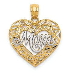 14K w/Rhodium Diamond-cut Mom in Heart Charm