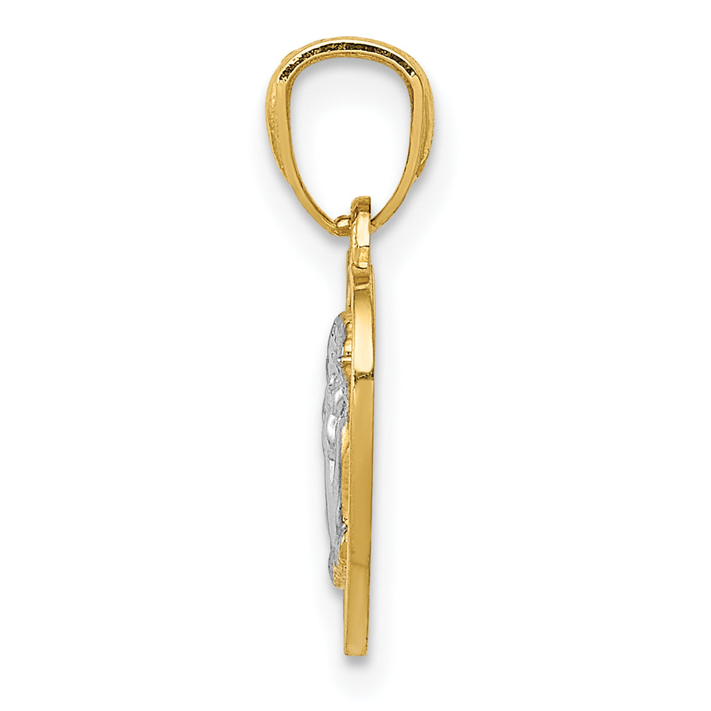 14K Gold Polished Guardian Angel Heart Pendant with Rhodium Accents