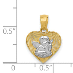 14K Gold Polished Guardian Angel Heart Pendant with Rhodium Accents